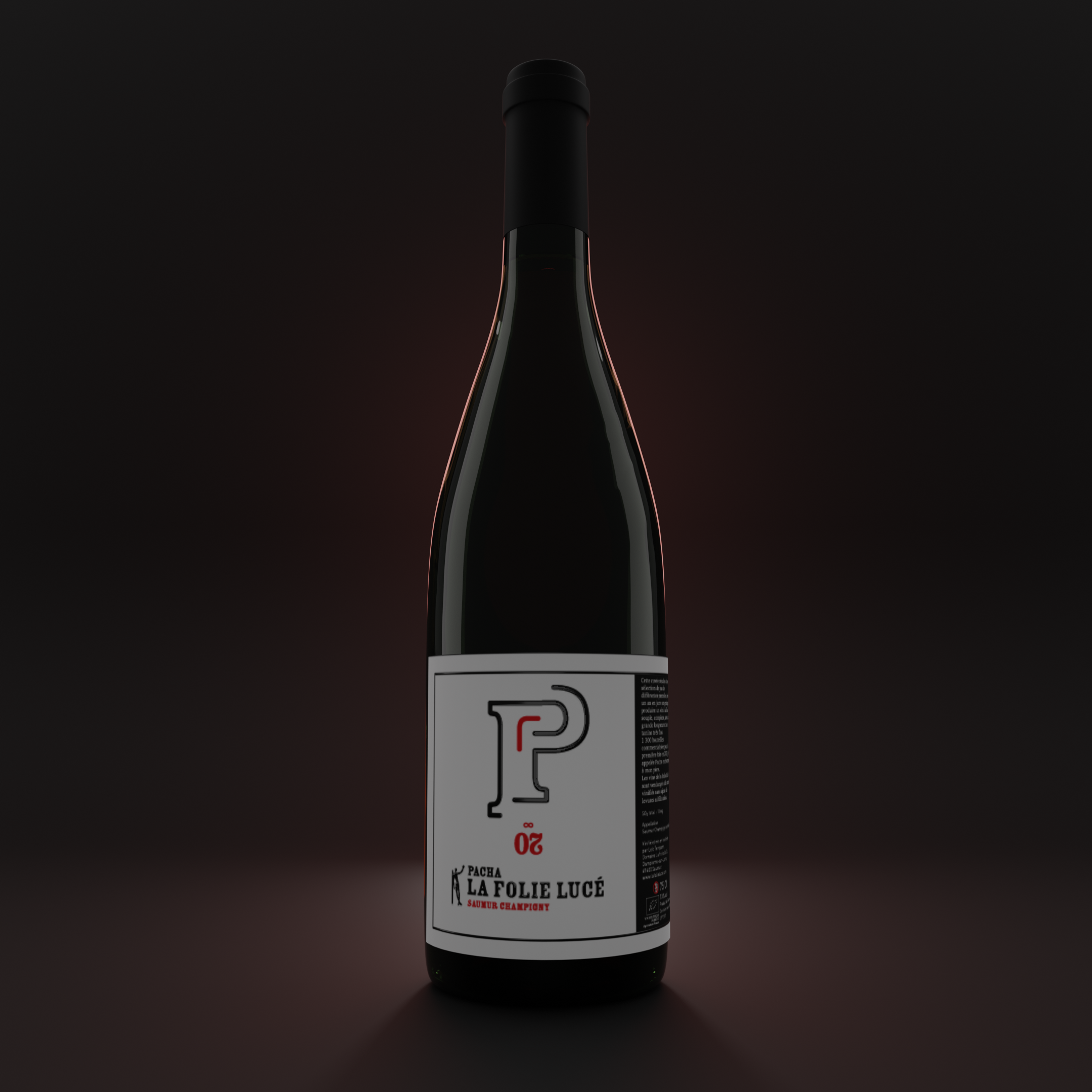 Modélisation 3D d'une bouteille de Pacha sur fond sombre